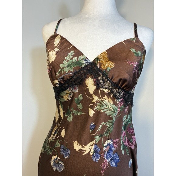 Good Luck Gem Slip Maxi Dress With Black Lace Sz M Brown Floral Y2K Dark Fairy - Picture 2 of 12